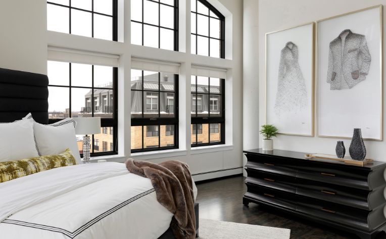 white cozy loft master suite design by Martha O'Hara Interiors
